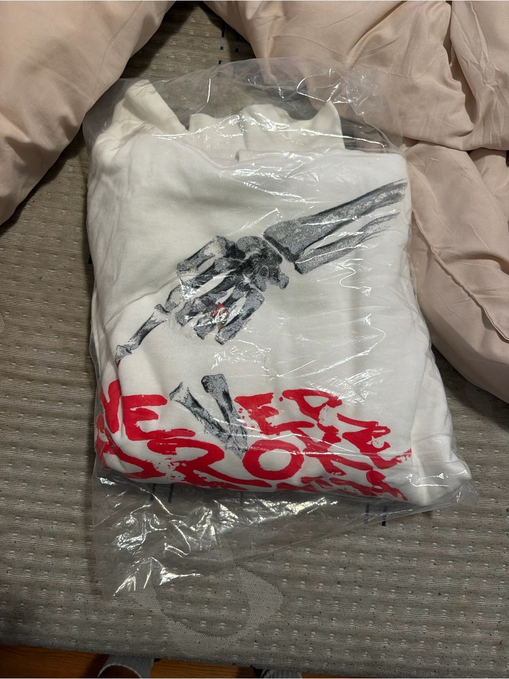 VLONE White Hoodie with Red Graphic and Black Skeleton Print
